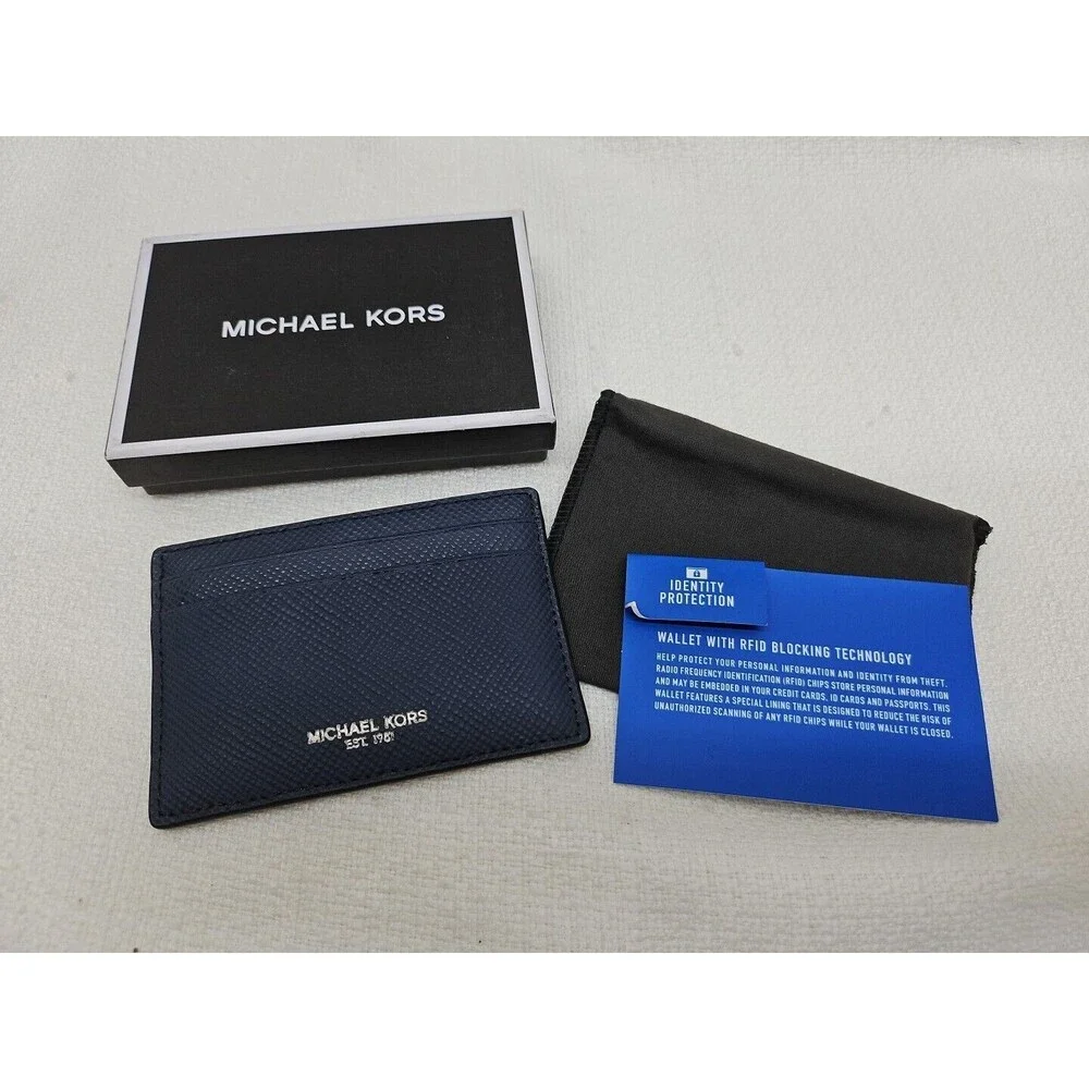 MK MICHAEL KORS Men's Jet Set Signature Navy Blue RFID Blocking Card Wallet New